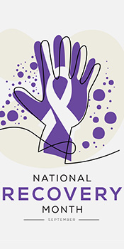 a logo graphic that includes a purple hand, a white ribbon and the words National Recovery Month September