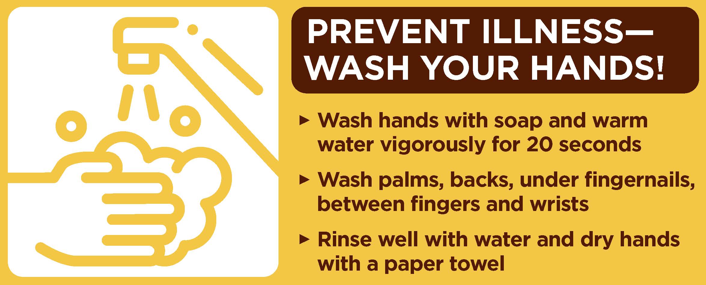 Prevent Illness Wash Your hands, 20 secs, wash palms, backs, nails, between fingers and wrists, Rinse with water and dry with paper towel 